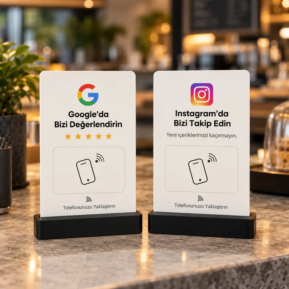 Masaüstü stantlı NFC Google yorum ve Instagram takip ikilisi